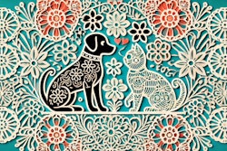 Dall·e 2025 01 02 17 20 32 A Traditional Mexican Papel Picado Design Featuring Detailed Silhouettes Of A Dog And A Cat, Intricately Cut With Floral And Geometric Patterns Surrou