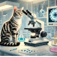 Dall·e 2025 01 03 12 02 14 A Detailed Illustration Of A Cat Sitting On A Laboratory Bench, Intently Looking Into A Microscope The Microscope Is Focused On A Virus Sample, And T