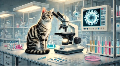 Dall·e 2025 01 03 12 02 14 A Detailed Illustration Of A Cat Sitting On A Laboratory Bench, Intently Looking Into A Microscope The Microscope Is Focused On A Virus Sample, And T