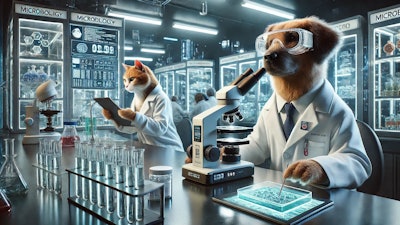 Dall·e 2025 01 06 14 36 49 A Cgi Depiction Of A Dog And A Cat Conducting Research In A High Tech Microbiology Laboratory The Scene Features Advanced Equipment Such As Microscop