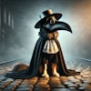 Dall·e 2025 01 10 16 33 45 A Highly Detailed Cgi Rendering Of A Dog Wearing A Full Plague Doctor Costume, Including A Long Black Cloak, A Bird Like Mask With A Prominent Beak, A