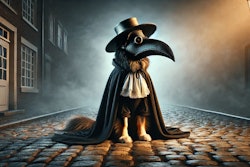 Dall·e 2025 01 10 16 33 45 A Highly Detailed Cgi Rendering Of A Dog Wearing A Full Plague Doctor Costume, Including A Long Black Cloak, A Bird Like Mask With A Prominent Beak, A