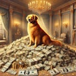 Dall·e 2025 01 13 12 13 57 A Detailed Oil Painting Of A Dog Sitting Atop A Large Pile Of Money, With Various Denominations Of Bills And Coins Scattered Around The Dog Is A Rega