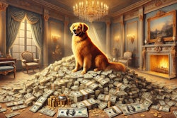 Dall·e 2025 01 13 12 13 57 A Detailed Oil Painting Of A Dog Sitting Atop A Large Pile Of Money, With Various Denominations Of Bills And Coins Scattered Around The Dog Is A Rega