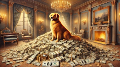 Dall·e 2025 01 13 12 13 57 A Detailed Oil Painting Of A Dog Sitting Atop A Large Pile Of Money, With Various Denominations Of Bills And Coins Scattered Around The Dog Is A Rega