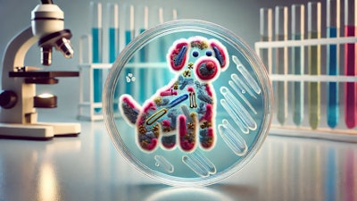 Dall·e 2025 01 15 10 26 12 A Detailed Close Up Of A Petri Dish With Bacteria Growing In The Shape Of A Dog, Featuring Colorful Bacterial Colonies Forming The Outline And Details