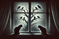 Dall·e 2025 01 17 05 17 32 A Foreboding Scene Of Two Cats Sitting On A Windowsill, Gazing Out At A Group Of Sickly Birds Perched On The Branches Of A Leafless Tree The Cats App