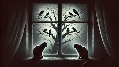 Dall·e 2025 01 17 05 17 32 A Foreboding Scene Of Two Cats Sitting On A Windowsill, Gazing Out At A Group Of Sickly Birds Perched On The Branches Of A Leafless Tree The Cats App