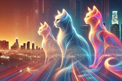 Dall·e 2025 01 17 13 54 56 A Light And Space Movement Inspired Artistic Image Featuring Abstract, Glowing Forms Of Cats In Vibrant Colors The Scene Is Set In Los Angeles, With