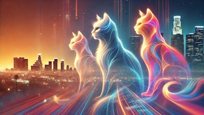 Dall·e 2025 01 17 13 54 56 A Light And Space Movement Inspired Artistic Image Featuring Abstract, Glowing Forms Of Cats In Vibrant Colors The Scene Is Set In Los Angeles, With