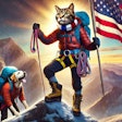 Dall·e 2025 01 23 15 22 12 A Dramatic Scene Featuring A Humanoid Cat Mountain Climber Standing Triumphantly On The Summit Of A Mountain, Holding An American Flag High Above Its