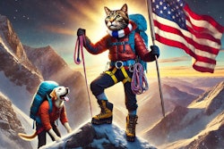 Dall·e 2025 01 23 15 22 12 A Dramatic Scene Featuring A Humanoid Cat Mountain Climber Standing Triumphantly On The Summit Of A Mountain, Holding An American Flag High Above Its