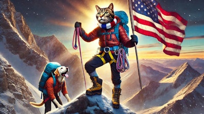 Dall·e 2025 01 23 15 22 12 A Dramatic Scene Featuring A Humanoid Cat Mountain Climber Standing Triumphantly On The Summit Of A Mountain, Holding An American Flag High Above Its