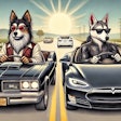 Dall·e 2025 01 23 19 37 56 A Whimsical Illustration Of Two Humanoid Dogs Driving Cars On The Left, An Older, Distinguished Humanoid Dog With Gray Fur Is Driving A Classic Black