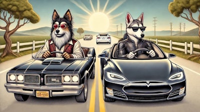 Dall·e 2025 01 23 19 37 56 A Whimsical Illustration Of Two Humanoid Dogs Driving Cars On The Left, An Older, Distinguished Humanoid Dog With Gray Fur Is Driving A Classic Black