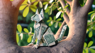 Dall·e 2024 05 23 16 01 20 An Origami Cat Made From Dollar Bills, Sitting In A Tree The Tree Should Have Detailed Branches And Leaves, And The Origami Cat Should Be Clearly Vis