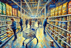 Dall·e 2024 07 31 14 17 42 An Impressionist Painting Of A Modern French Supermarket's Pet Food Aisle, Featuring Busy Customers Selecting Bags And Cans Of Dog Food And Placing Th