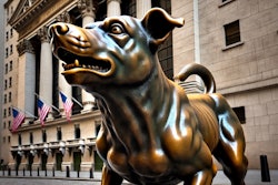 Dall·e 2024 08 21 12 41 29 A Highly Detailed Bronze Statue Of A Barking Dog, Positioned Prominently On Wall Street The Dog Is Depicted Mid Bark, With Its Mouth Open And Head Sl