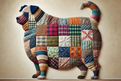 Dall·e 2025 02 05 13 48 10 A Visually Striking Image Of An Overweight Dog Created From Patchwork Cloth The Dog's Body Is Composed Of Various Fabric Patterns, Including Plaids,
