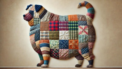 Dall·e 2025 02 05 13 48 10 A Visually Striking Image Of An Overweight Dog Created From Patchwork Cloth The Dog's Body Is Composed Of Various Fabric Patterns, Including Plaids,