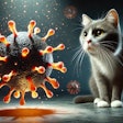 Dall·e 2025 02 07 09 31 49 A Curious Cat Staring At A Floating, Glowing Virus Particle The Virus Is Spherical With Spike Like Protrusions, Resembling A Microscopic Pathogen Th