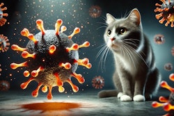 Dall·e 2025 02 07 09 31 49 A Curious Cat Staring At A Floating, Glowing Virus Particle The Virus Is Spherical With Spike Like Protrusions, Resembling A Microscopic Pathogen Th