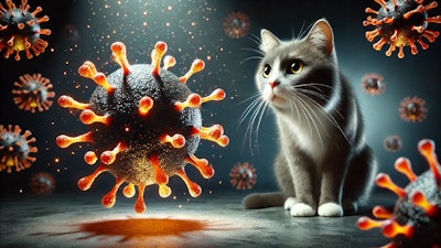 Dall·e 2025 02 07 09 31 49 A Curious Cat Staring At A Floating, Glowing Virus Particle The Virus Is Spherical With Spike Like Protrusions, Resembling A Microscopic Pathogen Th