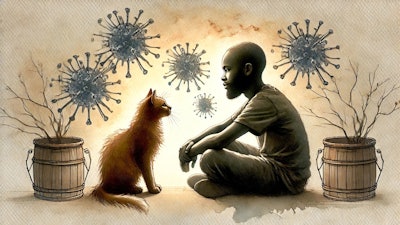 Dall·e 2025 02 11 12 23 24 A Black Man Sitting Face To Face With A Cat, Both Gazing At Each Other With Curiosity And Connection The Scene Has A Soft, Warm Ambiance, With Gentle