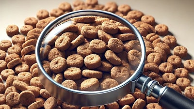 Dall·e 2025 02 19 13 39 28 A Close Up Image Of A Single Piece Of Dog Food Kibble Under A Magnifying Glass The Kibble Is Highly Detailed, Showing Its Rough Texture And Small Por