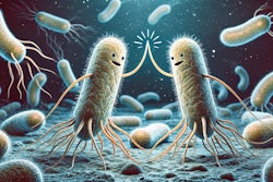 Dall·e 2025 02 20 11 21 12 A Digital Illustration Of Two Bacteria Giving Each Other A High Five The Bacteria Are Depicted In A Semi Realistic Microscopic Style With Detailed Te