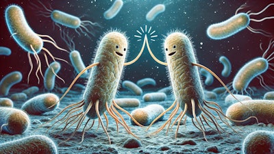 Dall·e 2025 02 20 11 21 12 A Digital Illustration Of Two Bacteria Giving Each Other A High Five The Bacteria Are Depicted In A Semi Realistic Microscopic Style With Detailed Te