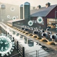 Dall·e 2025 02 24 12 28 42 A Dairy Farm With Cows In A Barn And Open Pastures, Featuring Large, Ominous Virus Particles Floating In The Air The Virus Particles Are Semi Transpa