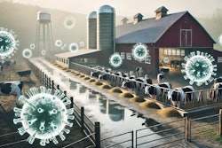Dall·e 2025 02 24 12 28 42 A Dairy Farm With Cows In A Barn And Open Pastures, Featuring Large, Ominous Virus Particles Floating In The Air The Virus Particles Are Semi Transpa