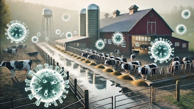 Dall·e 2025 02 24 12 28 42 A Dairy Farm With Cows In A Barn And Open Pastures, Featuring Large, Ominous Virus Particles Floating In The Air The Virus Particles Are Semi Transpa