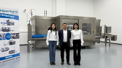 Pictured left to right: Cassie Yu, office clerk; Guangqi Zheng, sales area manager China; and Cloris Lei, HPP Food Applications specialist, at the HPP Incubator Shanghai.