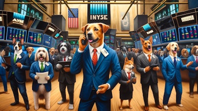 Dall·e 2024 05 10 09 58 54 A Realistic Oil Painting Depicting Dogs As Stock Brokers On The New York Stock Exchange Floor The Scene Is Bustling With Energy, Featuring Various Br