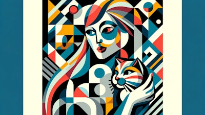 Dall·e 2024 05 21 09 45 48 A Cubist Style Image Featuring A Woman Holding A Cat The Design Should Include Fragmented And Abstract Geometric Shapes, Multiple Perspectives, And A