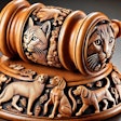 Dall·e 2024 07 08 12 40 50 A Wooden Judge's Gavel Intricately Carved With Images Of Cats And Dogs The Handle And Head Of The Gavel Feature Detailed Engravings Of Various Breeds