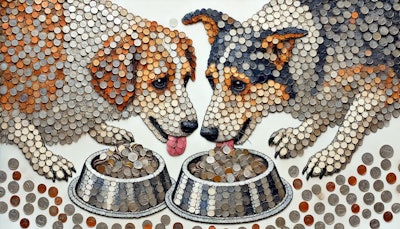 Dall·e 2024 07 16 14 02 42 A Detailed Mosaic Created From Various Coins Forming The Image Of Dogs Eating From Silver Bowls The Mosaic Should Be Intricate, With Different Sizes