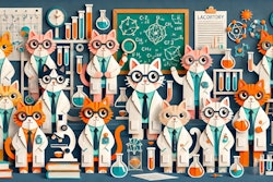 Dall·e 2024 10 02 09 48 07 A Whimsical Paper Cutout Illustration Featuring A Group Of Scientist Cats In A Laboratory Each Cat Is Wearing Lab Coats And Glasses, With Playful Exp