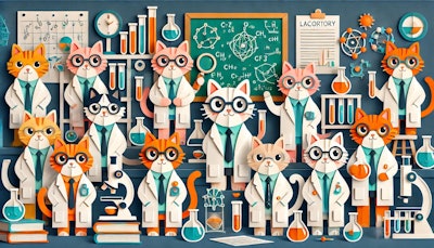 Dall·e 2024 10 02 09 48 07 A Whimsical Paper Cutout Illustration Featuring A Group Of Scientist Cats In A Laboratory Each Cat Is Wearing Lab Coats And Glasses, With Playful Exp