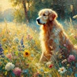 Dall·e 2025 03 03 15 55 18 An Oil Painting Of A Dog In The Impressionist Style The Scene Depicts A Golden Retriever Sitting In A Sunlit Meadow, Surrounded By Colorful Wildflowe