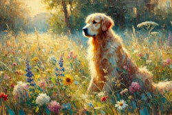 Dall·e 2025 03 03 15 55 18 An Oil Painting Of A Dog In The Impressionist Style The Scene Depicts A Golden Retriever Sitting In A Sunlit Meadow, Surrounded By Colorful Wildflowe