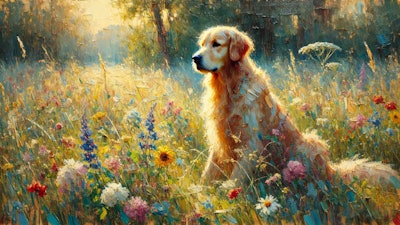 Dall·e 2025 03 03 15 55 18 An Oil Painting Of A Dog In The Impressionist Style The Scene Depicts A Golden Retriever Sitting In A Sunlit Meadow, Surrounded By Colorful Wildflowe