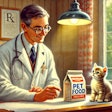 Dall·e 2025 03 04 08 39 44 A Nostalgic Watercolor Painting Of A Veterinarian In A Cozy Clinic, Prescribing A Bag Of Pet Food To A Small, Curious Kitten The Veterinarian, Wearin
