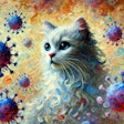 Dall·e 2025 03 10 09 36 18 An Impressionist Painting Of A Cat Surrounded By Highly Pathogenic Avian Influenza (hpai) Virus Particles The Cat Is In The Center With Soft, Express