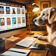 Dall·e 2025 03 14 08 28 33 A Dog Sitting At A Computer, Using A Keyboard And Mouse, Browsing An Online Pet Food Store The Screen Shows Various Dog Food Options With Images And