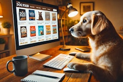 Dall·e 2025 03 14 08 28 33 A Dog Sitting At A Computer, Using A Keyboard And Mouse, Browsing An Online Pet Food Store The Screen Shows Various Dog Food Options With Images And