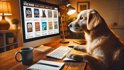 Dall·e 2025 03 14 08 28 33 A Dog Sitting At A Computer, Using A Keyboard And Mouse, Browsing An Online Pet Food Store The Screen Shows Various Dog Food Options With Images And
