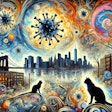 Dall·e 2025 03 17 06 40 49 An Abstract Expressionist Painting Depicting Highly Pathogenic Avian Influenza (hpai) Virus Particles And Cats In Manhattan The Artwork Features Swir